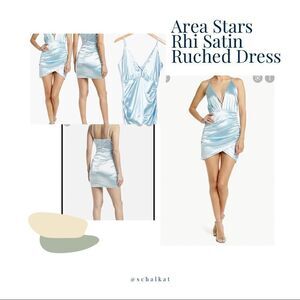 NWT Area Star Rhi Satin Ruched Dress. Sexy cocktail dress, deep V neck